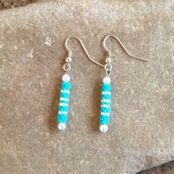 Simple Turquoise and White Beaded Earrings, New, Handmade by Me - Picture 1 of 3